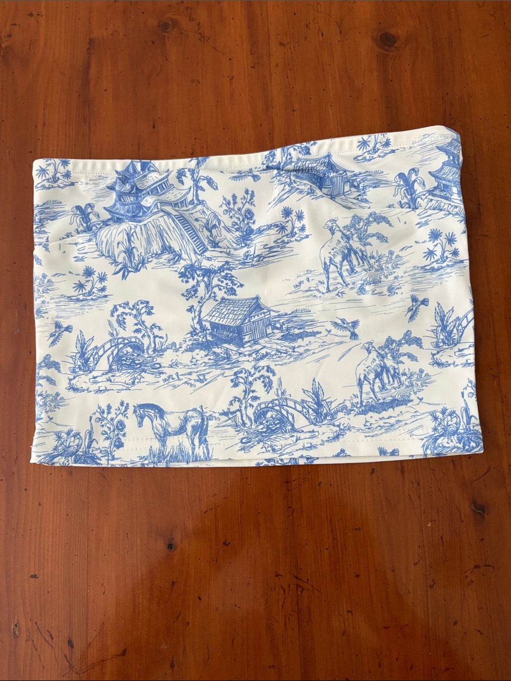 Edikted White and Light Blue Toile Strapless Crop Top